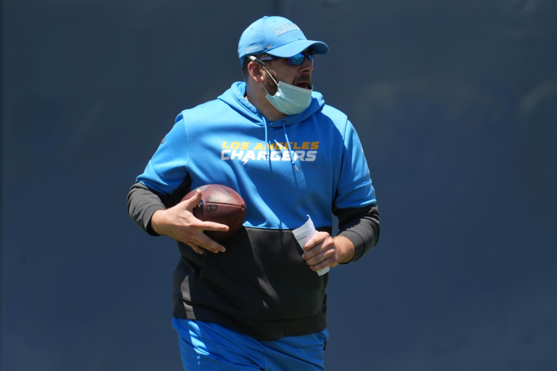 May 24, 2021; Costa Mesa, CA, USA; Los Angeles Chargers run game coordinator coach Frank Smith during organized team activities at Hoag Performance Center. Mandatory Credit: Kirby Lee-USA TODAY Sports