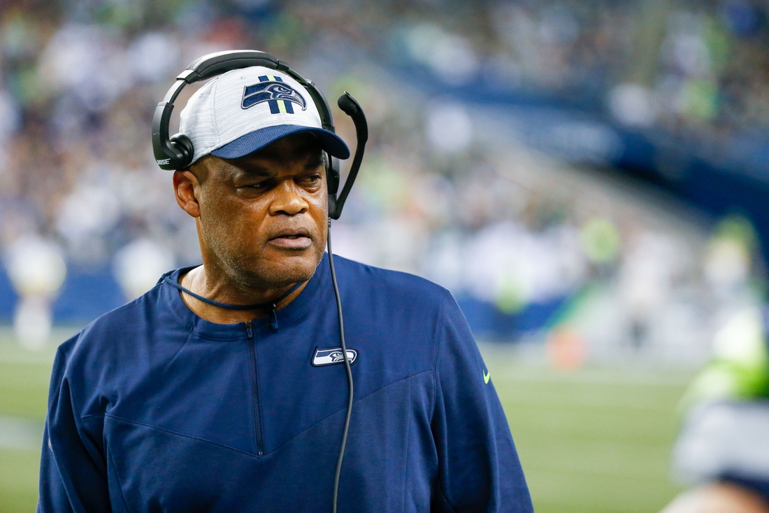 Aug 28, 2021; Seattle, Washington, USA; Seattle Seahawks defensive coordinator Ken Norton, Jr., stands on the sideline during the third quarter against the Los Angeles Chargers at Lumen Field. Mandatory Credit: Joe Nicholson-USA TODAY Sports