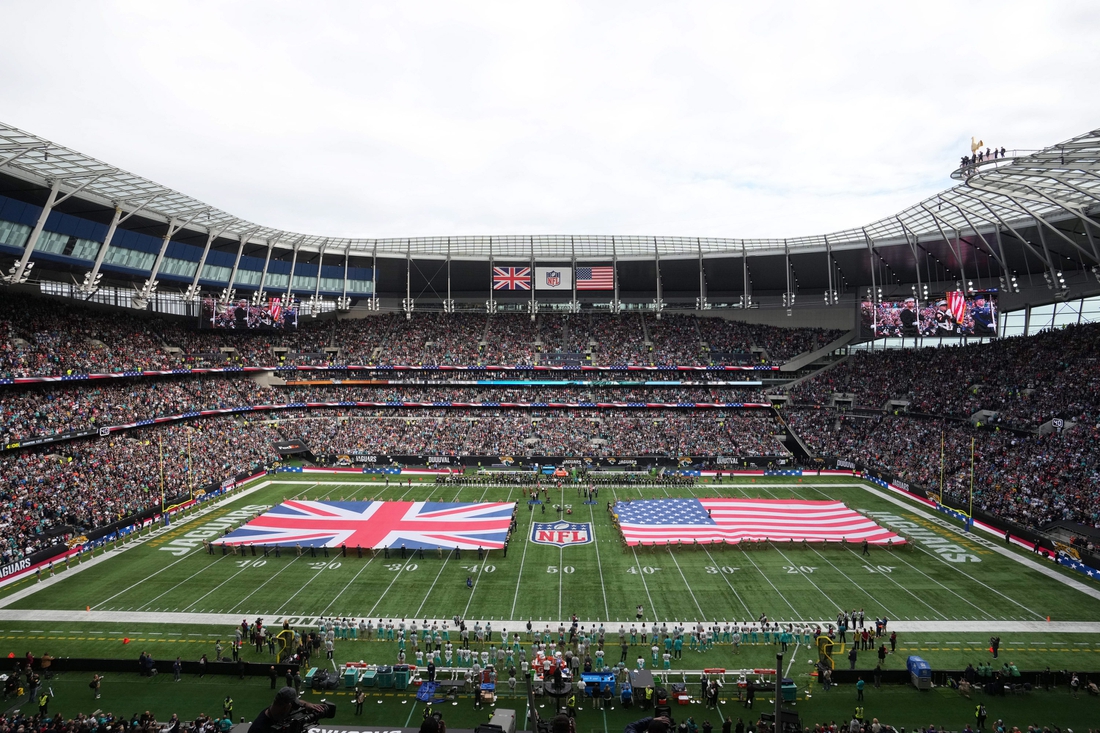 Oct 17, 2021; London, England, United Kingdom; A general overall view of Tottenham Hotspur Stadium with the British and the United States flags on the field during the playing of the national anthem before the  NFL International Series game between the Miami Dolphins and the Jacksonville Jaguars. Mandatory Credit: Kirby Lee-USA TODAY Sports