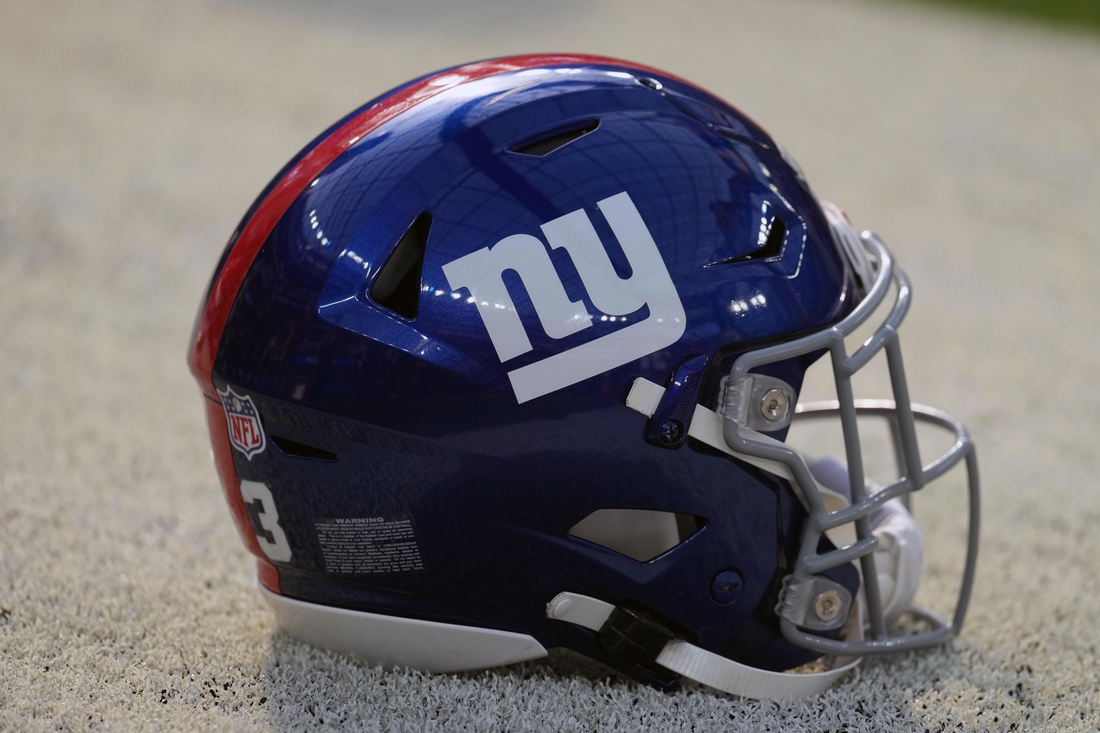 Dec 12, 2021; Inglewood, California, USA; A detailed view of  a New York Giants helmet at SoFi Stadium. Mandatory Credit: Kirby Lee-USA TODAY Sports