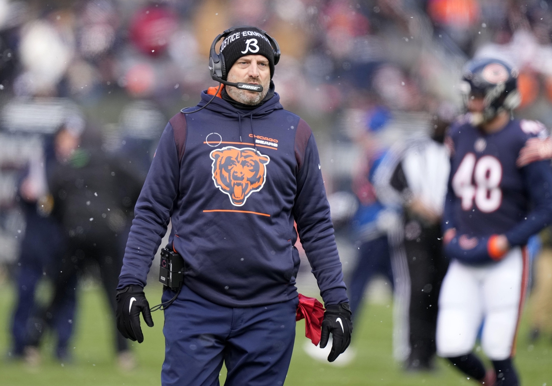 Jan 2, 2022; Chicago, Illinois, USA; Chicago Bears head coach Matt Nagy during the first quarter against the New York Giants at Soldier Field. Mandatory Credit: Mike Dinovo-USA TODAY Sports