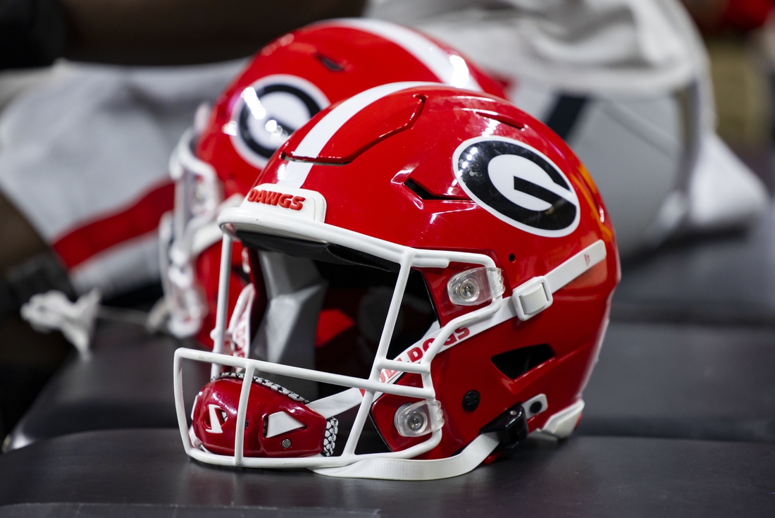 Jan 10, 2022; Indianapolis, IN, USA; Detailed view of a Georgia Bulldogs helmet in the 2022 CFP college football national championship game at Lucas Oil Stadium. Mandatory Credit: Mark J. Rebilas-USA TODAY Sports