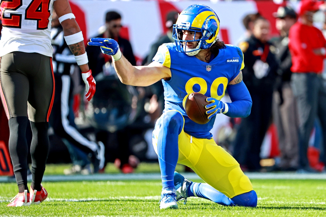 Jan 23, 2022; Tampa, Florida, USA; Los Angeles Rams tight end Tyler Higbee (89) reacts after a catch during the first quarter against the Tampa Bay Buccaneers in a NFC Divisional playoff football game at Raymond James Stadium. Mandatory Credit: Matt Pendleton-USA TODAY Sports