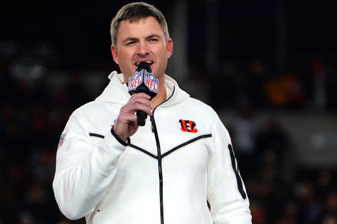 Cincinnati Bengals head coach Zac Taylor delivers remarks during the Super Bowl LVI Opening Night Fan Rally, Monday, Feb. 7, 2022, at Paul Brown Stadium in Cincinnati. The Cincinnati Bengals are set to face off against the Los Angeles Rams in Super Bowl LVI, Sunday, Feb. 13, at SoFi Stadium in Inglewood, Calif.

Cincinnati Bengals Super Bowl Lvi Opening Night Fan Rally Feb 7