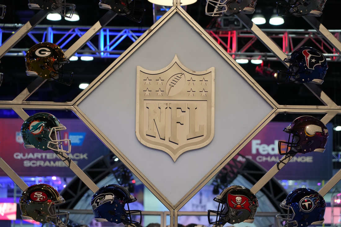 Feb 7, 2022; Los Angeles, CA, USA; The NFL Shield logo is seen at the Super Bowl LVI Experience at the Los Angeles Convention Center. Mandatory Credit: Kirby Lee-USA TODAY Sports