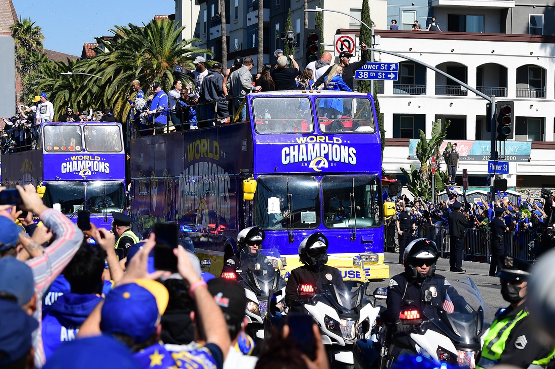 Feb 16, 2022; Los Angeles, CA, USA; Los Angeles Rams celebrate during the championship victory parade. Mandatory Credit: Gary A. Vasquez-USA TODAY Sports