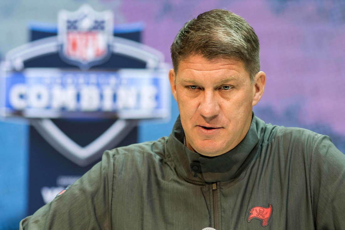 Feb 27, 2019; Indianapolis, IN, USA; Tampa Bay Buccaneers general manager Jason Licht speaks to media during the 2019 NFL Combine at Indianapolis Convention Center. Mandatory Credit: Trevor Ruszkowski-USA TODAY Sports