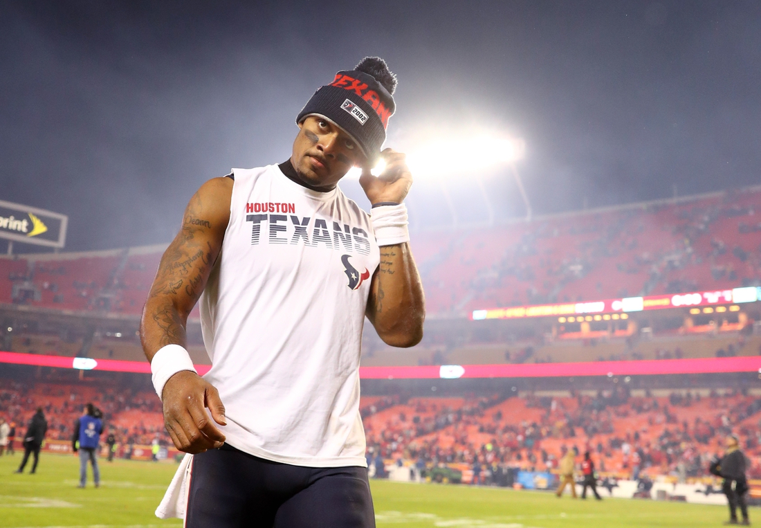 Jan 12, 2020; Kansas City, Missouri, USA; Houston Texans quarterback Deshaun Watson (4) reacts as he leaves the field following the game against the Kansas City Chiefs in the AFC Divisional Round playoff football game at Arrowhead Stadium. Mandatory Credit: Mark J. Rebilas-USA TODAY Sports