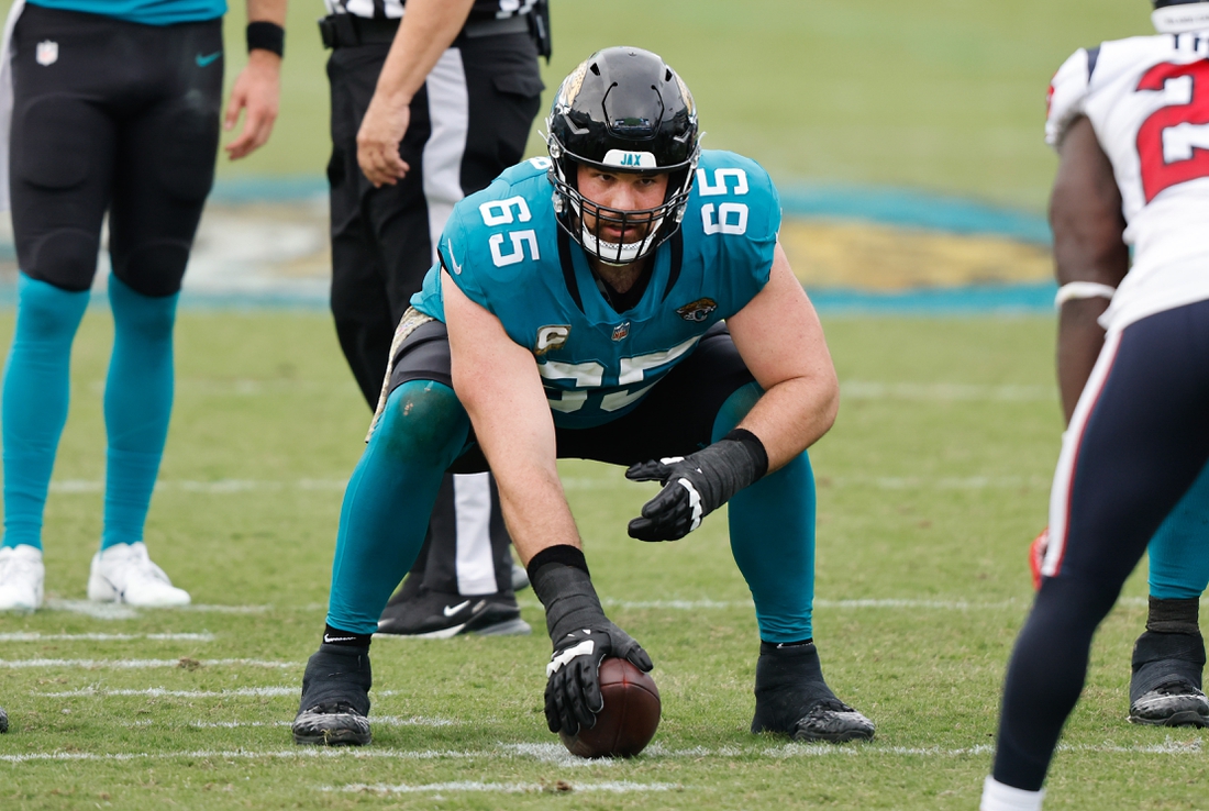 Nov 8, 2020; Jacksonville, Florida, USA;  Jacksonville Jaguars center Brandon Linder (65) gets ready to snap the ball during the second half against the Houston Texans at TIAA Bank Field. Mandatory Credit: Reinhold Matay-USA TODAY Sports