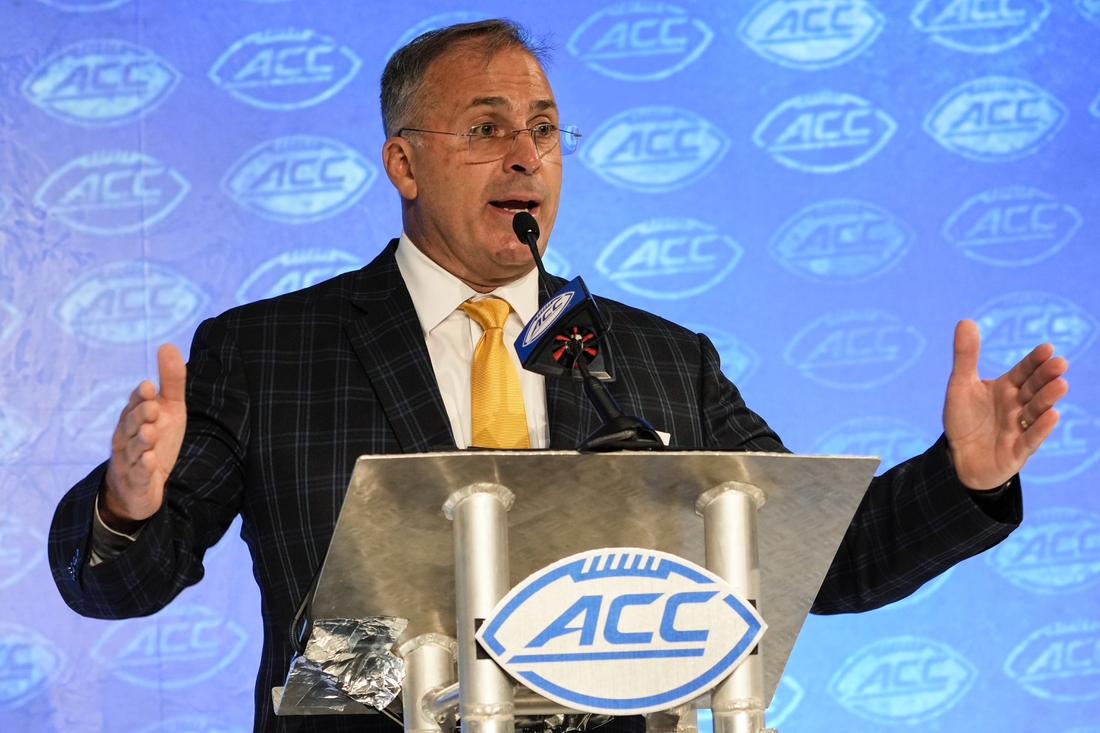 Jul 21, 2021; Charlotte, NC, USA; Pitt Panthers head coach Pat Narduzzi speaks to the media during the ACC Kickoff at The Westin Charlotte. Mandatory Credit: Jim Dedmon-USA TODAY Sports