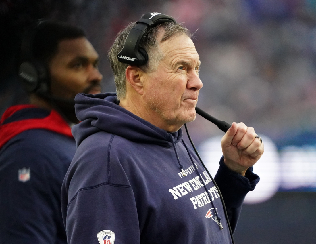 Jan 2, 2022; Foxborough, Massachusetts, USA; New England Patriots head coach Bill Belichick watches from the sideline as they take on the Jacksonville Jaguars in the second half at Gillette Stadium. Mandatory Credit: David Butler II-USA TODAY Sports