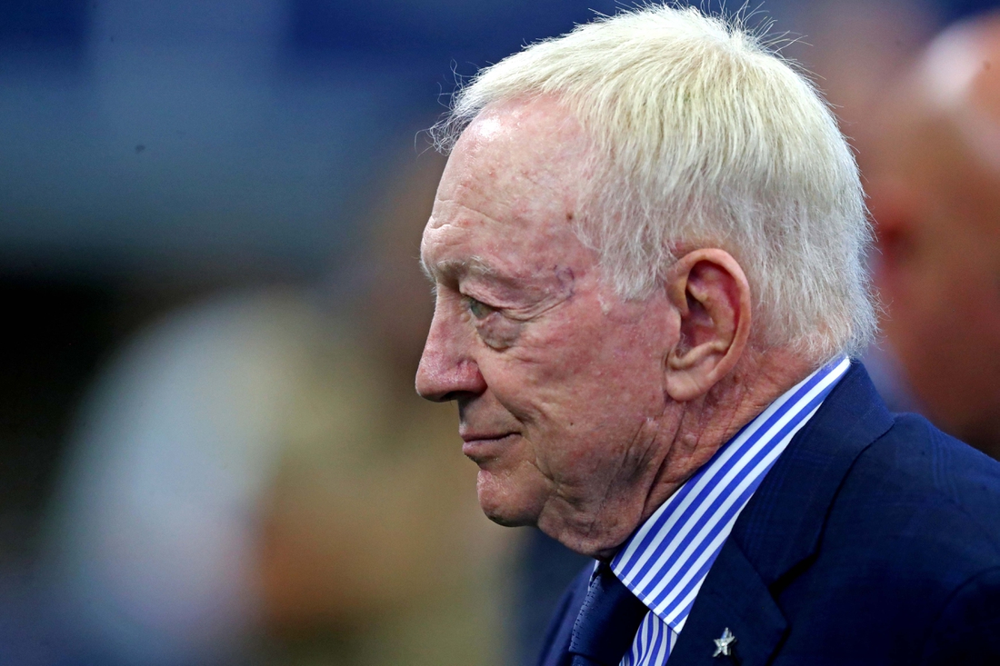 Oct 3, 2021; Arlington, Texas, USA; Dallas Cowboys owner Jerry Jones on the field before the game against the Carolina Panthers at AT&T Stadium. Mandatory Credit: Mark J. Rebilas-USA TODAY Sports