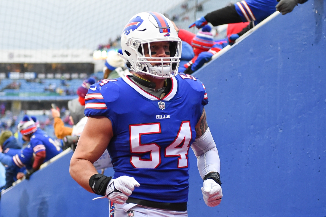 Jan 9, 2022; Orchard Park, New York, USA; Buffalo Bills outside linebacker A.J. Klein (54) prior to the game against the New York Jets at Highmark Stadium. Mandatory Credit: Rich Barnes-USA TODAY Sports
