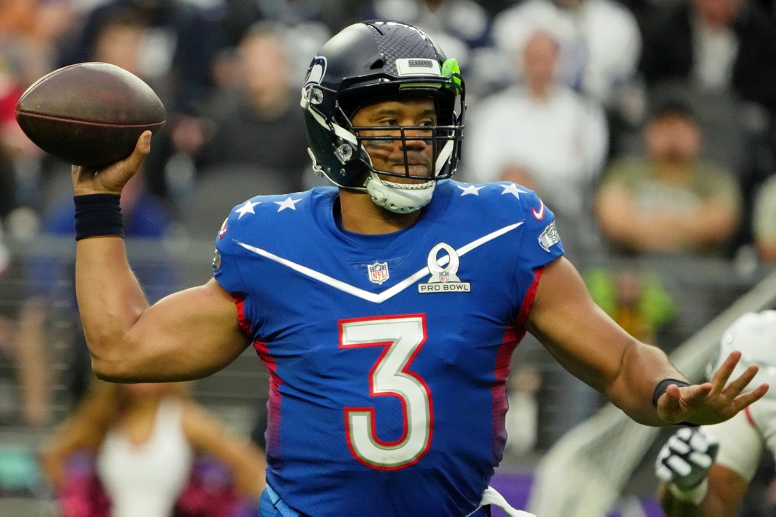 Feb 6, 2022; Paradise, Nevada, USA; NFC quarterback Russel Wilson of the Seattle Seahawks (3) passes the ball against the AFC during the third quarter during the Pro Bowl football game at Allegiant Stadium. Mandatory Credit: Kirby Lee-USA TODAY Sports