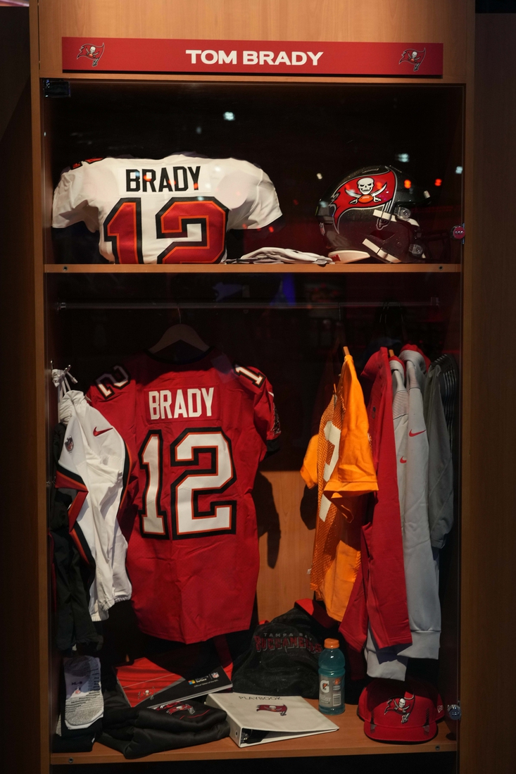 Feb 7, 2022; Los Angeles, CA, USA; A locker room exhibit of Tampa Bay Buccaneers quarterback Tom Brady (12) at the Super Bowl LVI Experience at the Los Angeles Convention Center. Mandatory Credit: Kirby Lee-USA TODAY Sports