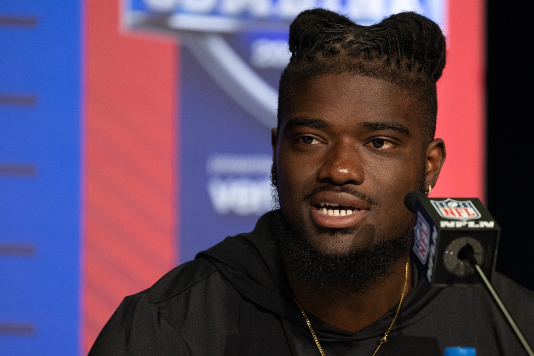 Mar 4, 2022; Indianapolis, IN, USA; Michigan defensive lineman David Ojabo (DL36) talks to the media during the 2022 NFL Combine.  Mandatory Credit: Trevor Ruszkowski-USA TODAY Sports