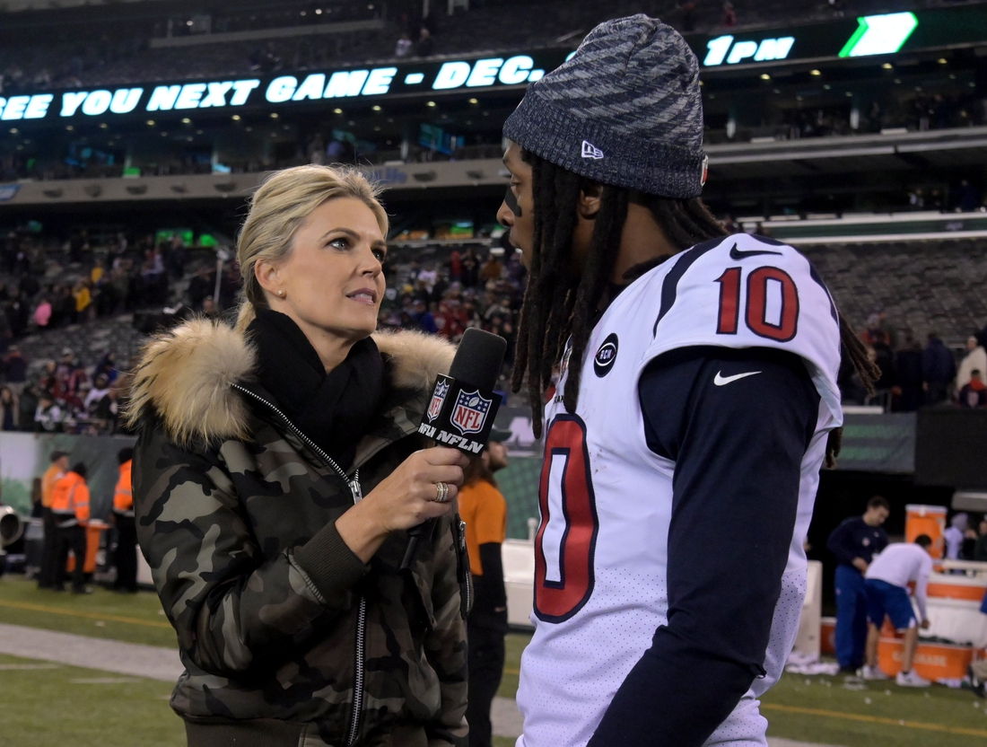 Dec 15, 2018; East Rutherford, NJ, USA; NFL network broadcaster Melissa Stark interviews Houston Texans wide receiver DeAndre Hopkins (10) after a game aNew York Jets at MetLife Stadium. The Texans defeated the Jets 29-22. Mandatory Credit: Kirby Lee-USA TODAY Sports