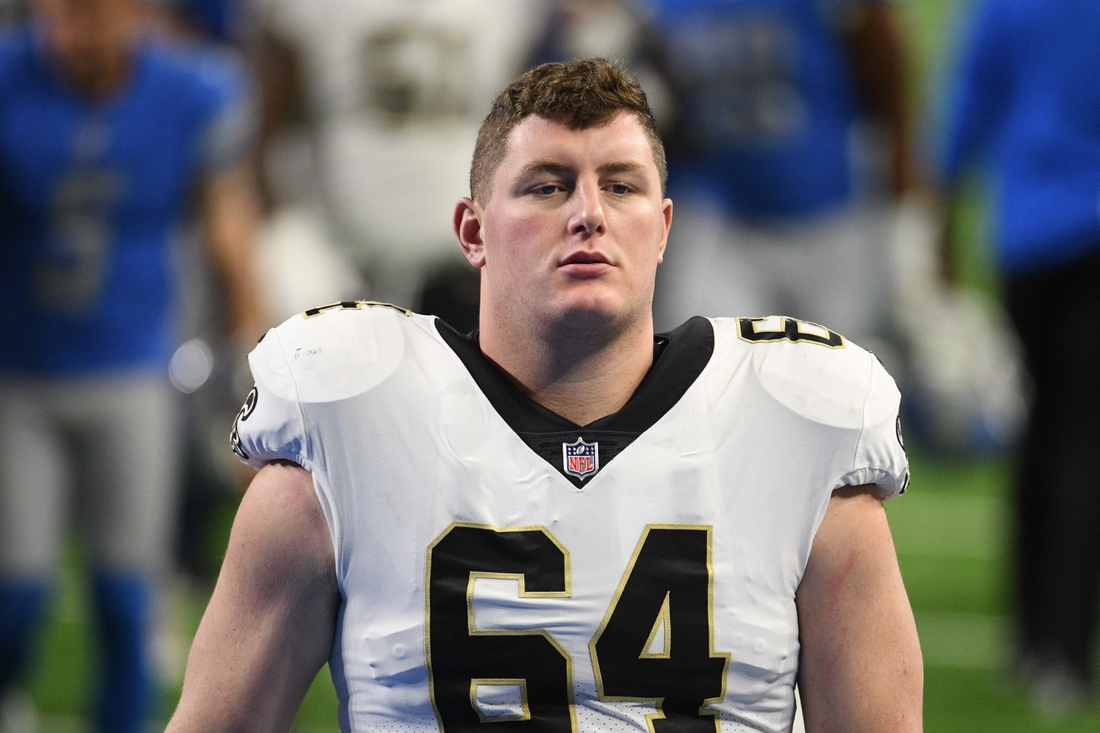Oct 4, 2020; Detroit, Michigan, USA; New Orleans Saints center Will Clapp (64) at Ford Field. Mandatory Credit: Tim Fuller-USA TODAY Sports