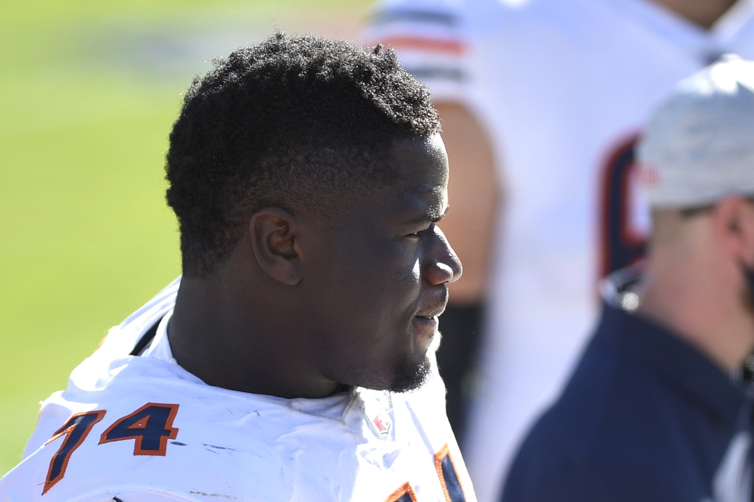 Oct 18, 2020; Charlotte, North Carolina, USA; Chicago Bears offensive guard Germain Ifedi (74) on the sidelines in the third quarter at Bank of America Stadium. Mandatory Credit: Bob Donnan-USA TODAY Sports