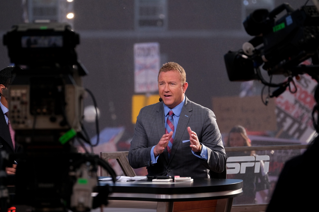 Kirk Herbstreit of ESPN's 'College GameDay' speaks during the broadcast at the University of Cincinnati for the first time before the Bearcats face the University of Tulsa game, Saturday, Nov. 6, 2021.

Uc Vs Tulsa College Gameday 03156 Fb 11 06 21