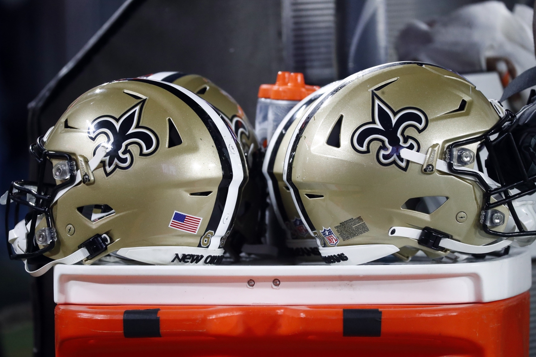 Dec 19, 2021; Tampa, Florida, USA; A detail view of New Orleans Saints helmets against the Tampa Bay Buccaneers during the second half at Raymond James Stadium. Mandatory Credit: Kim Klement-USA TODAY Sports