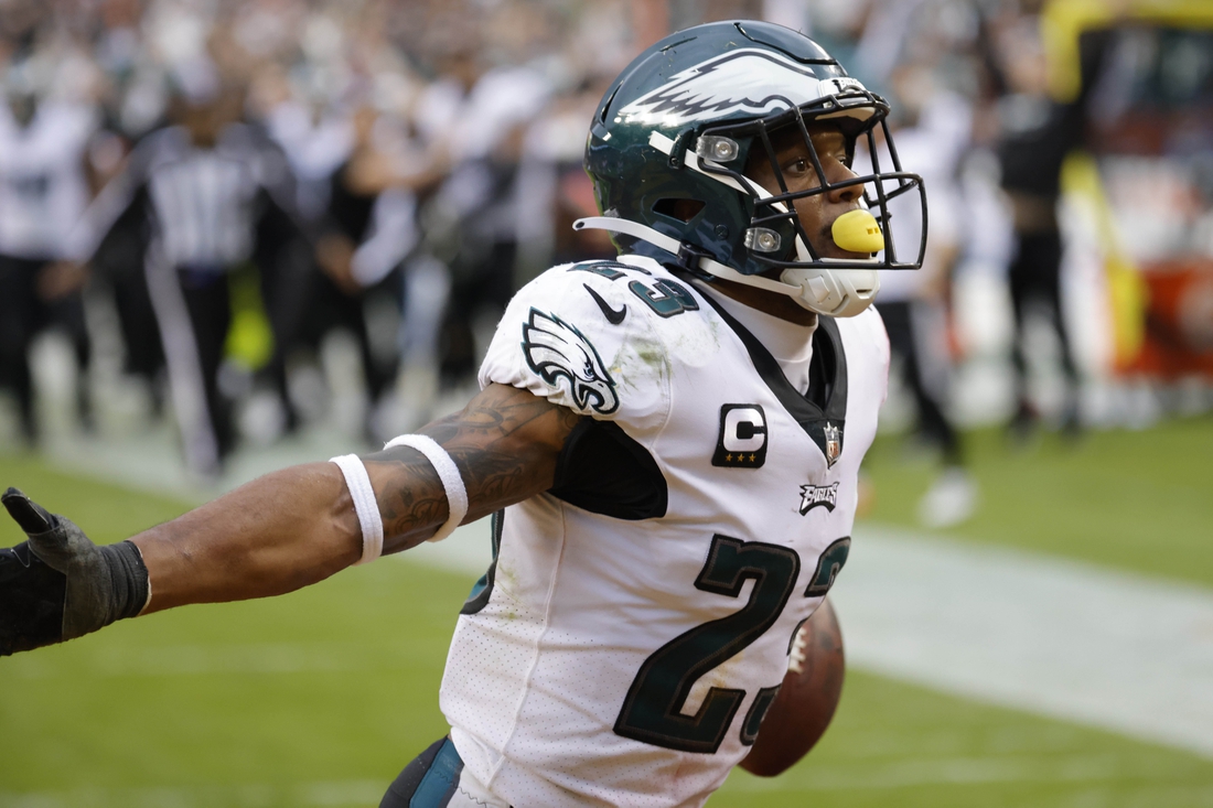 Jan 2, 2022; Landover, Maryland, USA; Philadelphia Eagles safety Rodney McLeod (23) celebrates after intercepting a pass against the Washington Football Team during the fourth quarter at FedExField. Mandatory Credit: Geoff Burke-USA TODAY Sports