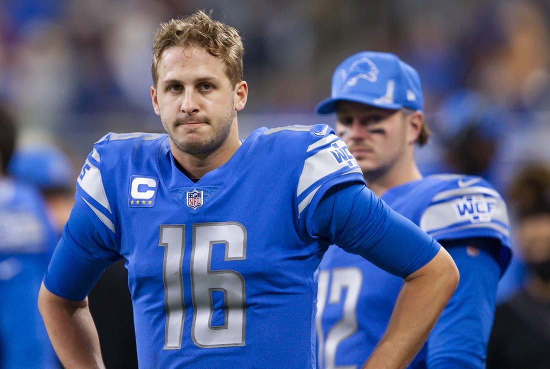 Dec 19, 2021; Detroit, Michigan, USA; Detroit Lions quarterback Jared Goff (16) looks on from the sidelines during the fourth quarter against the Arizona Cardinals at Ford Field. Mandatory Credit: Raj Mehta-USA TODAY Sports