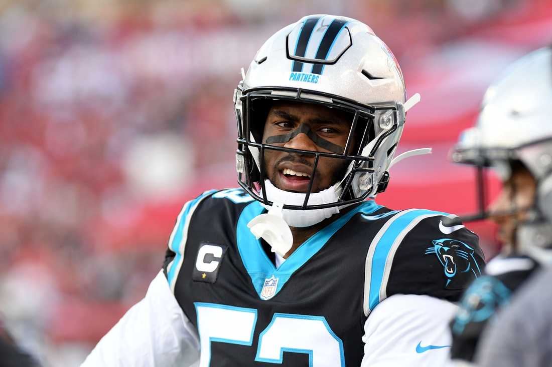 Jan 9, 2022; Tampa, Florida, USA; Carolina Panthers defensive end Brian Burns (53) in the first half against the Tampa Bay Buccaneers at Raymond James Stadium. Mandatory Credit: Jonathan Dyer-USA TODAY Sports