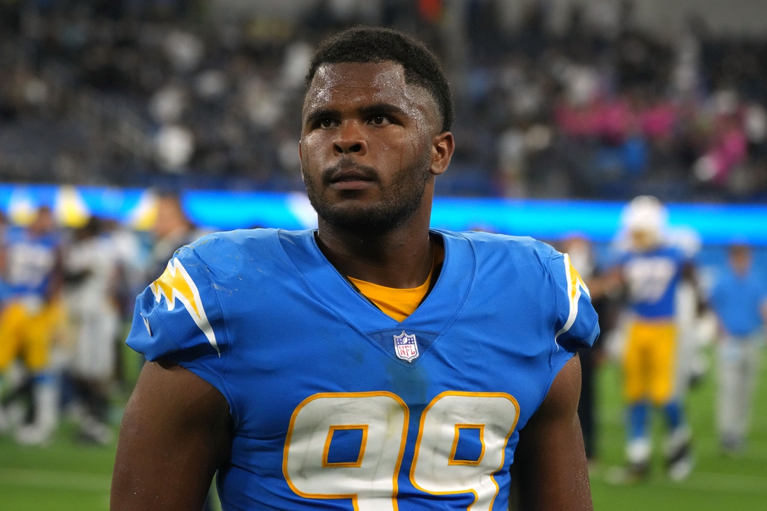 Oct 4, 2021; Inglewood, California, USA; Los Angeles Chargers defensive tackle Jerry Tillery (99) reacts after defeating the Las Vegas Raiders at SoFi Stadium. Mandatory Credit: Kirby Lee-USA TODAY Sports