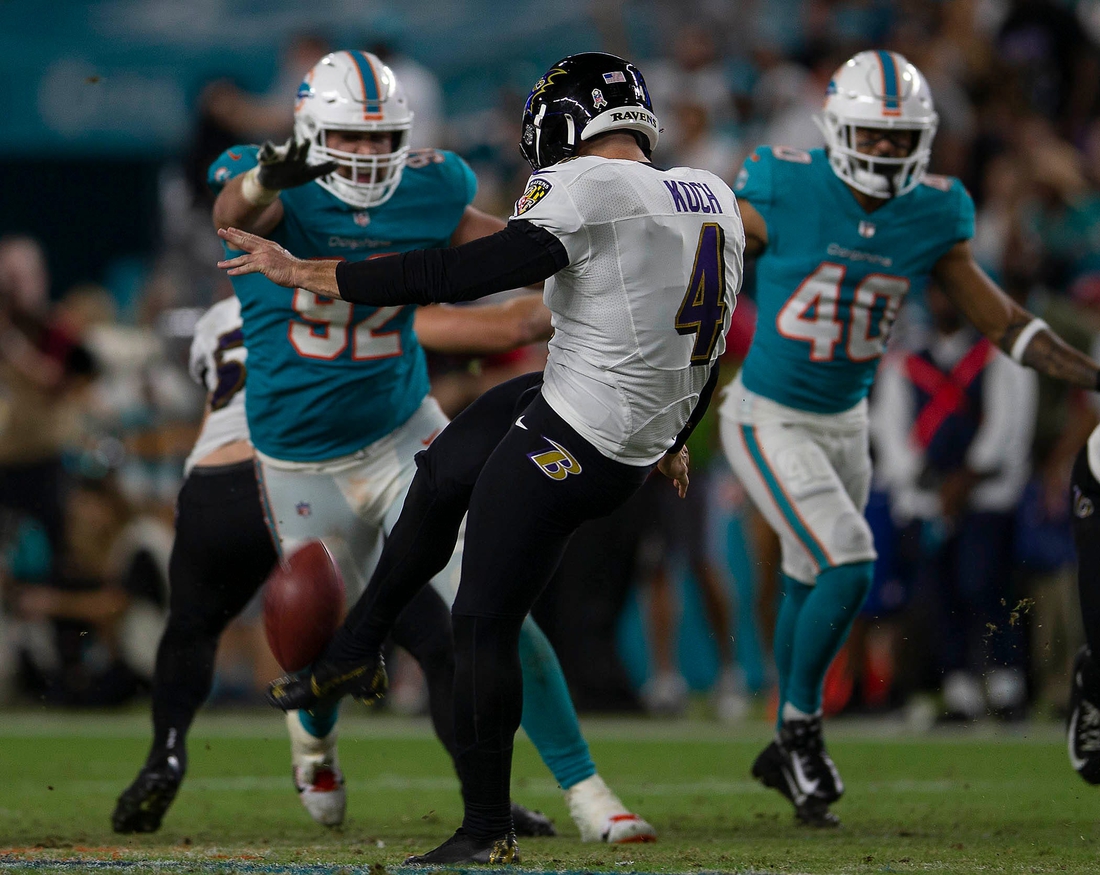 Baltimore Ravens punter Sam Koch (4) punts against the Miami Dolphins during NFL game at Hard Rock Stadium Thursday in Miami Gardens.Baltimore Ravens V Miami Dolphins 063