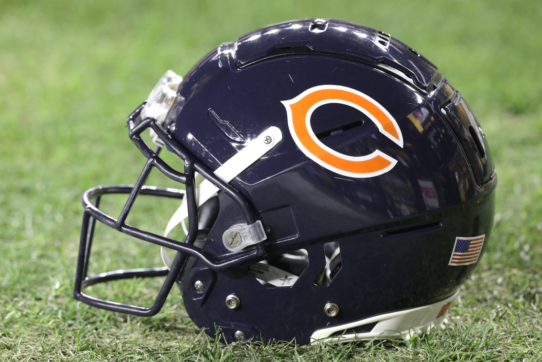 Nov 8, 2021; Pittsburgh, Pennsylvania, USA;  A Chicago Bears helmet is seen on the field before the Bears play the Pittsburgh Steelers at Heinz Field. Mandatory Credit: Charles LeClaire-USA TODAY Sports