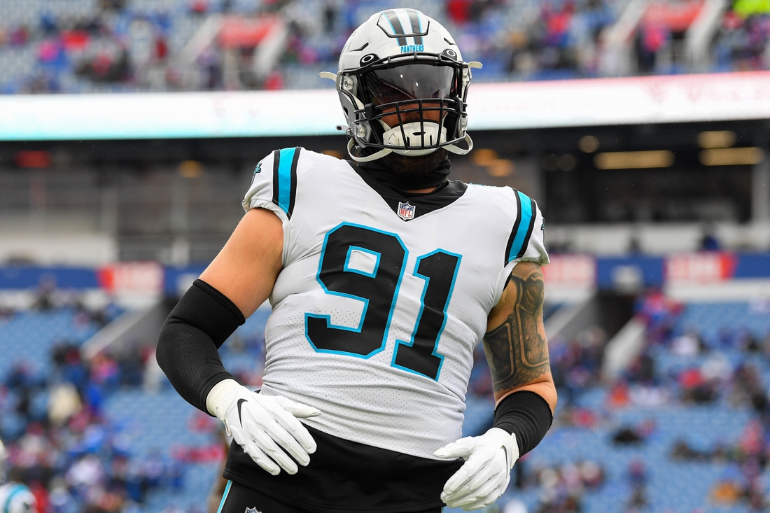 Dec 19, 2021; Orchard Park, New York, USA; Carolina Panthers defensive end Morgan Fox (91) prior to the game against the Buffalo Bills at Highmark Stadium. Mandatory Credit: Rich Barnes-USA TODAY Sports