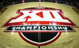 Mar 13, 2019; Kansas City, MO, USA; Big 12 logo at center court prior to the TCU Horned Frogs and the Oklahoma State Cowboys game of the first round of the Big 12 conference tournament at Sprint Center. Mandatory Credit: William Purnell-USA TODAY Sports