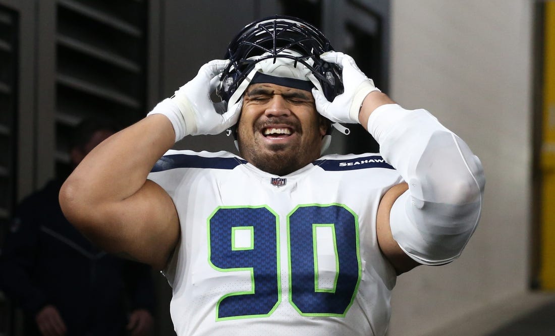 Oct 17, 2021; Pittsburgh, Pennsylvania, USA;  Seattle Seahawks nose tackle Bryan Mone (90) at Heinz Field. Mandatory Credit: Charles LeClaire-USA TODAY Sports