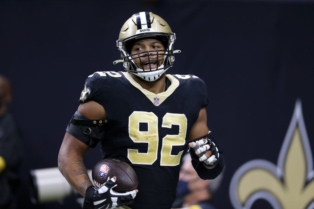 Jan 2, 2022; New Orleans, Louisiana, USA; New Orleans Saints defensive end Marcus Davenport (92) in the second quarter against the Carolina Panthers at the Caesars Superdome. Mandatory Credit: Chuck Cook-USA TODAY Sports