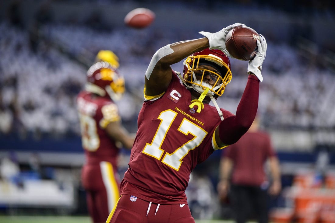 Dec 26, 2021; Arlington, Texas, USA; Washington Football Team wide receiver Terry McLaurin (17) before the game between the Washington Football Team and the Dallas Cowboys at AT&T Stadium. Mandatory Credit: Jerome Miron-USA TODAY Sports