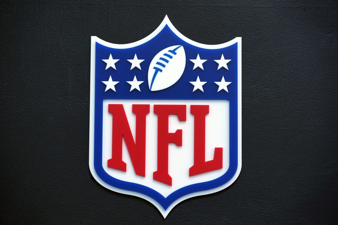 Feb 14, 2022; Los Angeles, CA, USA; The NFL shield logo is seen at the Los Angeles Convention Center. Mandatory Credit: Kirby Lee-USA TODAY Sports