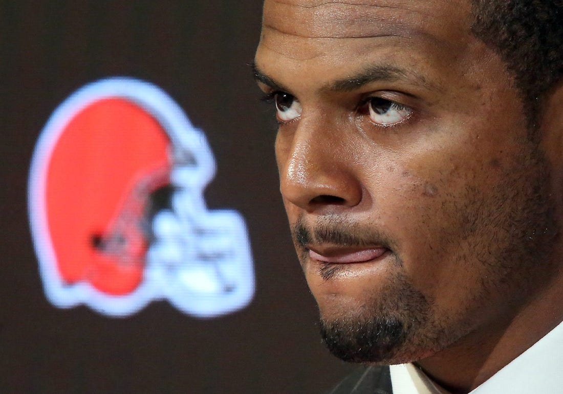 Cleveland Browns quarterback Deshaun Watson listens to questions during his introductory press conference at the Cleveland Browns Training Facility on Friday.

Watsonpress 8