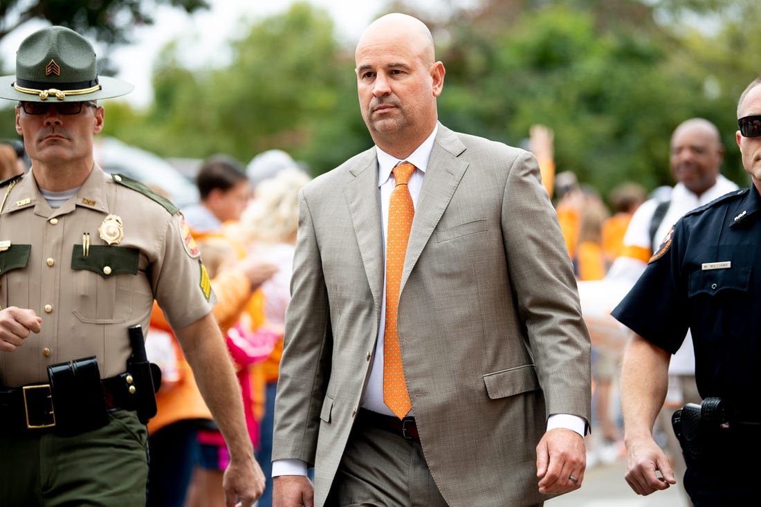 Tennessee Head Coach Jeremy Pruitt walks during the Vol Walk ahead of a game between Tennessee and Mississippi State in Neyland Stadium in Knoxville, Tenn. on Saturday, October 12, 2019.

Utvmstate1005