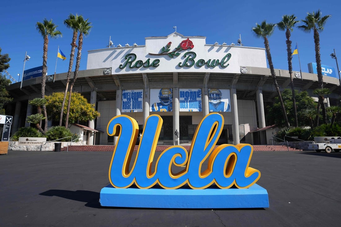 Aug 28, 2021; Pasadena, California, USA; A general overall view of the  Rose Bowl facade prior to the game between the UCLA Bruins and the Hawaii Rainbow Warriors . Mandatory Credit: Kirby Lee-USA TODAY Sports