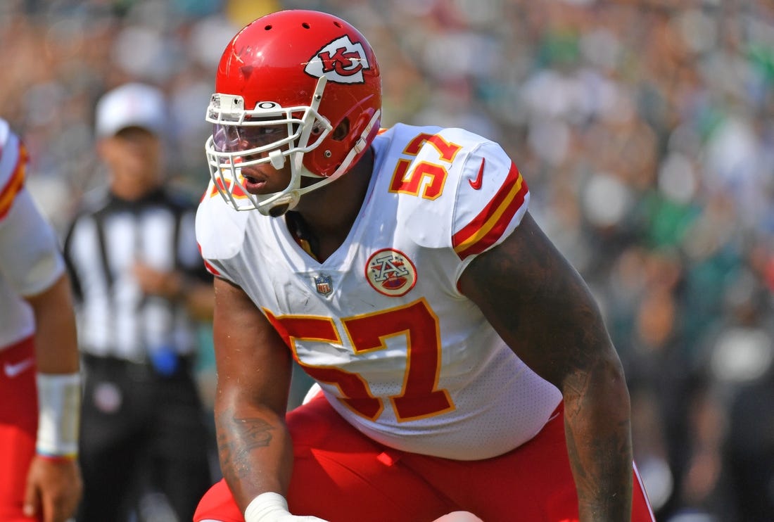 Oct 3, 2021; Philadelphia, Pennsylvania, USA; Kansas City Chiefs offensive tackle Orlando Brown (57) against the Philadelphia Eagles at Lincoln Financial Field. Mandatory Credit: Eric Hartline-USA TODAY Sports