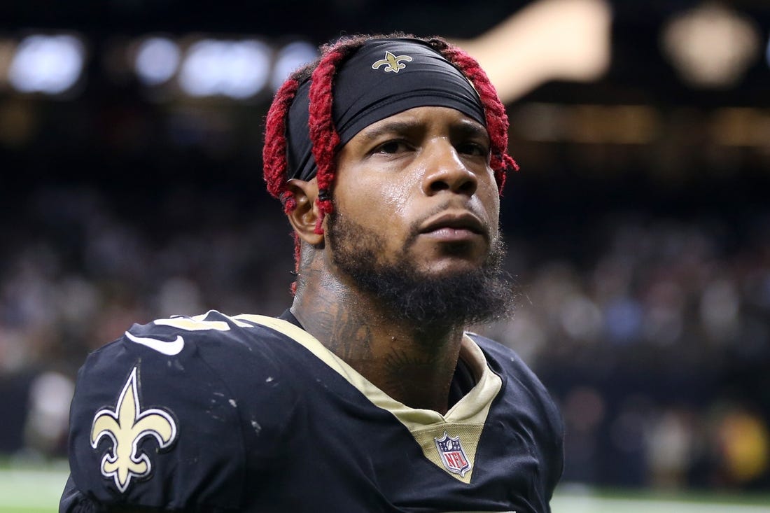 Nov 7, 2021; New Orleans, Louisiana, USA; New Orleans Saints middle linebacker Kwon Alexander (5) after their game against the Atlanta Falcons at the Caesars Superdome. Mandatory Credit: Chuck Cook-USA TODAY Sports