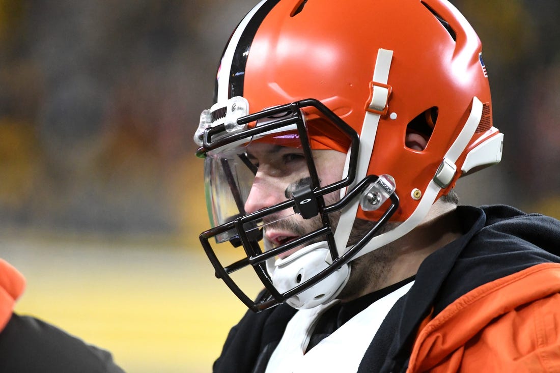 Jan 3, 2022; Pittsburgh, Pennsylvania, USA;  Cleveland Browns quarterback Baker Mayfield (6) on the sidelines against the Pittsburgh Steelers during the second quarter at Heinz Field. Mandatory Credit: Philip G. Pavely-USA TODAY Sports