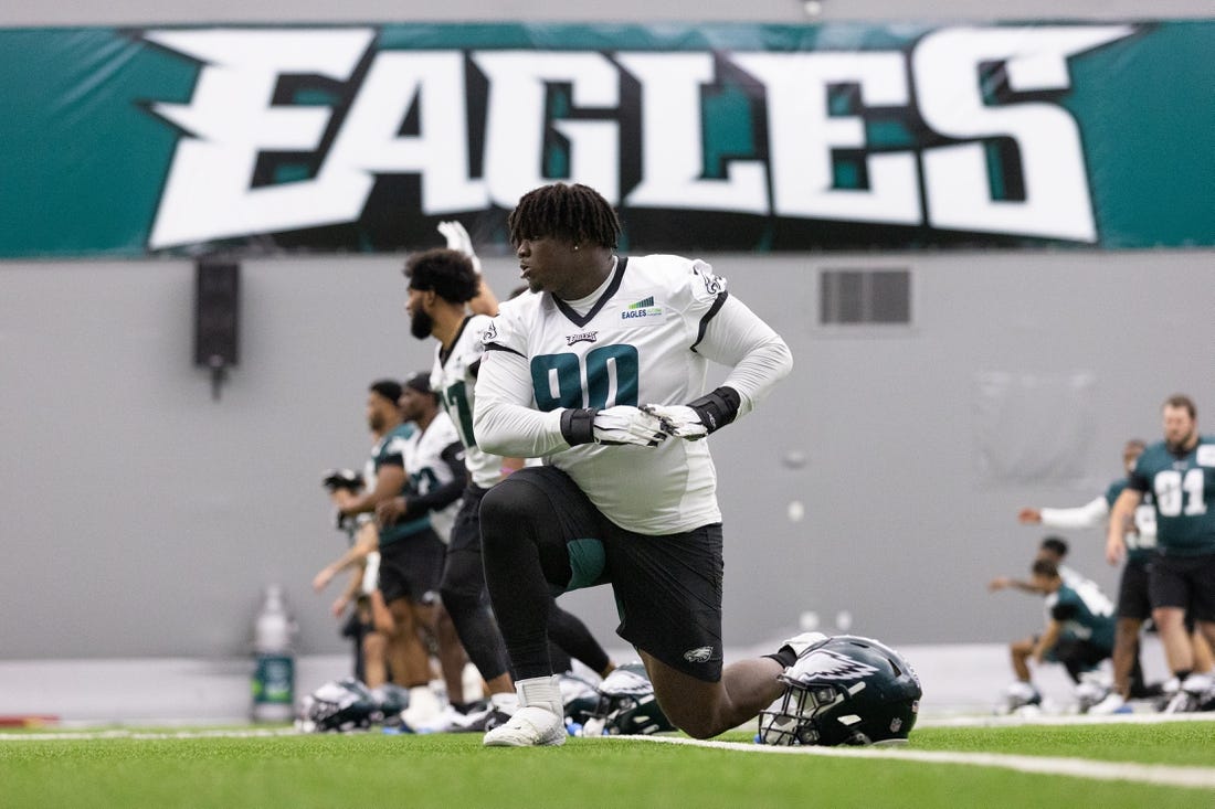 May 6, 2022; Philadelphia, PA, USA; Philadelphia Eagles defensive tackle Jordan Davis (90) stretches during Rookie Minicamp at NovaCare Complex. Mandatory Credit: Bill Streicher-USA TODAY Sports