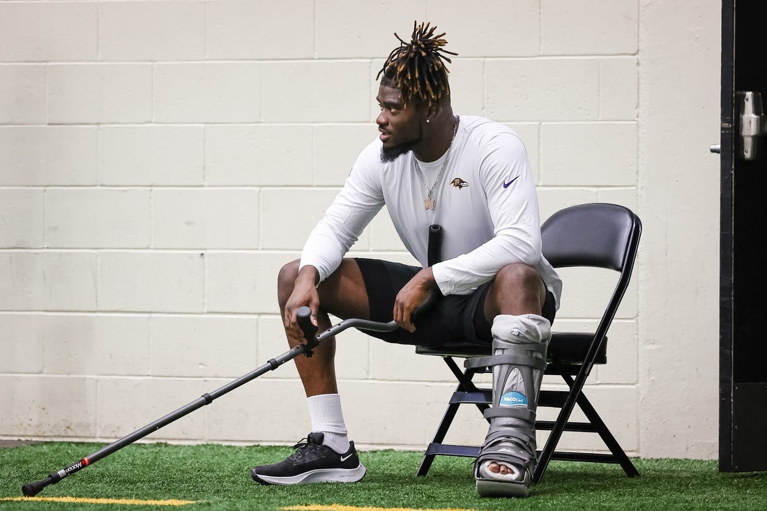 May 7, 2022; Owings Mills, MD, USA; Baltimore Ravens outside linebacker David Ojabo (90) looks on during rookie minicamp at Under Armour Performance Center. Mandatory Credit: Scott Taetsch-USA TODAY Sports