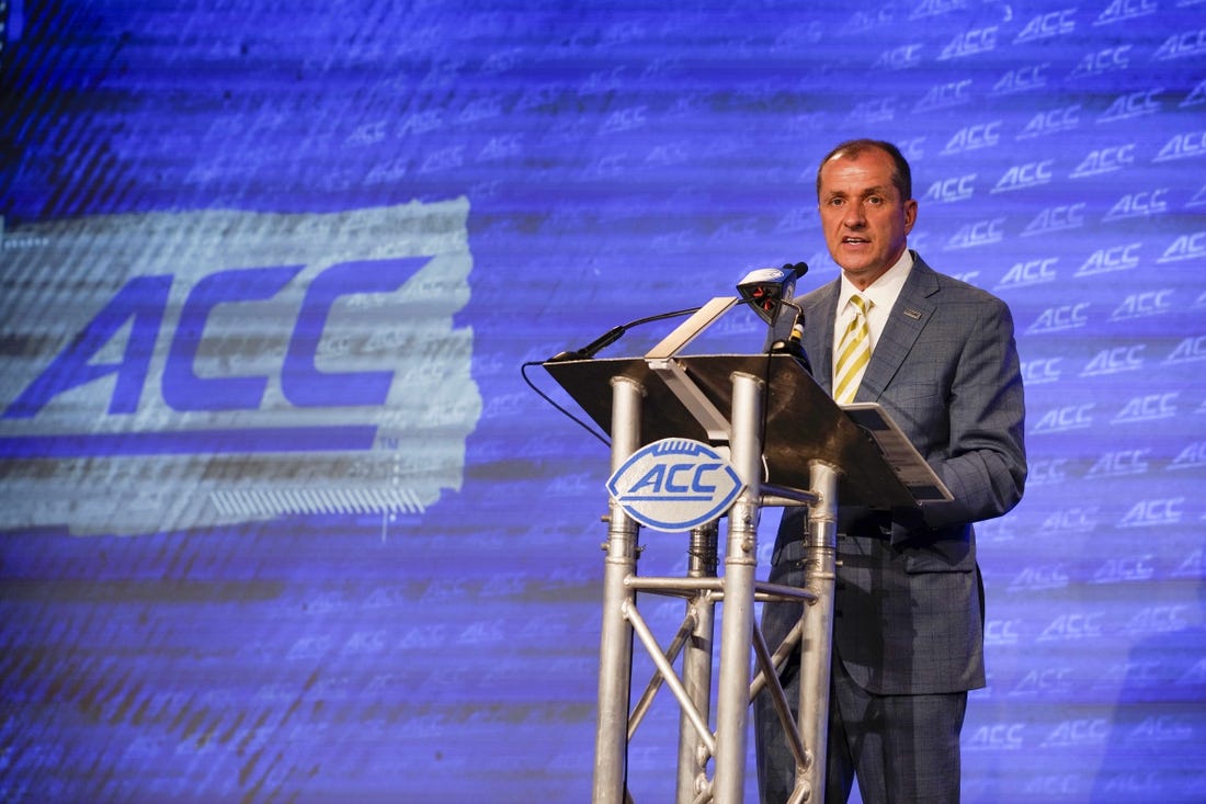 Jul 20, 2022; Charlotte, NC, USA; ACC commissioner Jim Phillips speaks to the media during ACC Media Days at the Westin Hotel in Charlotte.   Mandatory Credit: Jim Dedmon-USA TODAY Sports