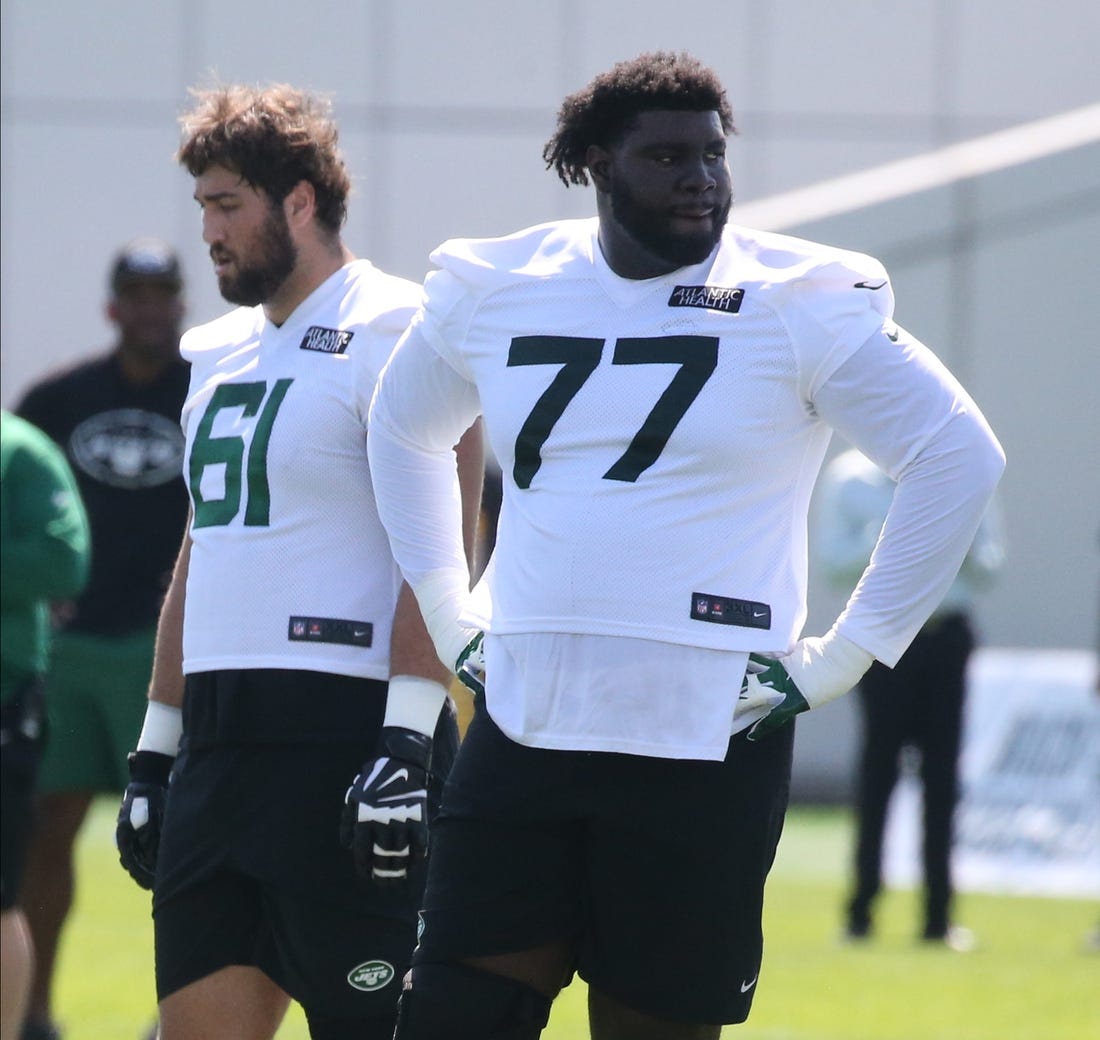 Offensive tackle Mekhi Becton during the opening day of the 2022 New York Jets Training Camp in Florham Park, NJ on July 27, 2022.

Opening Of The 2022 New York Jets Training Camp In Florham Park Nj On July 27 2022