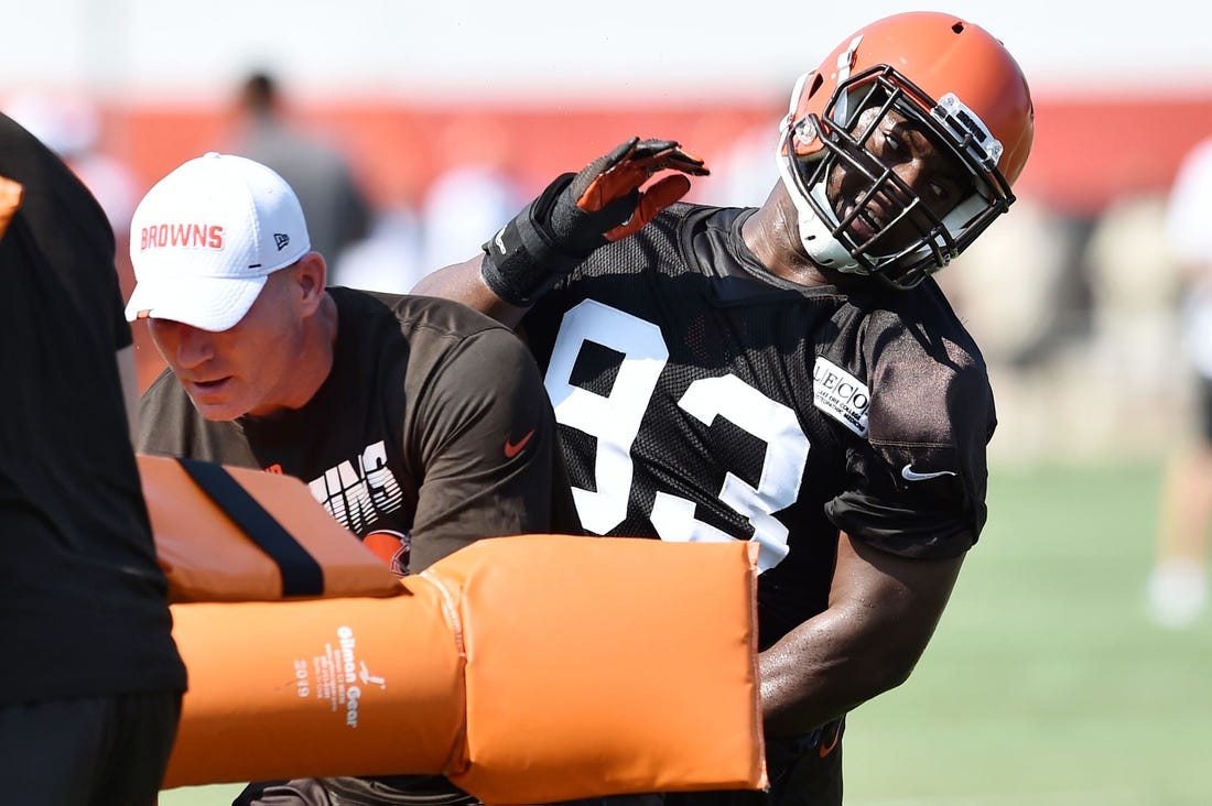 Jul 26, 2019; Berea, OH, USA; Cleveland Browns defensive tackle Trevon Coley (93) runs a drill during training camp at the Cleveland Browns Training Complex. Mandatory Credit: Ken Blaze-USA TODAY Sports