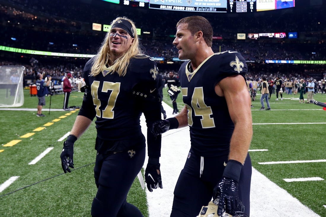Sep 9, 2019; New Orleans, LA, USA; New Orleans Saints middle linebackers Alex Anzalone (47) and Kiko Alonso (54) walk off the field after their game against the Houston Texans at the Mercedes-Benz Superdome. Mandatory Credit: Chuck Cook-USA TODAY Sports