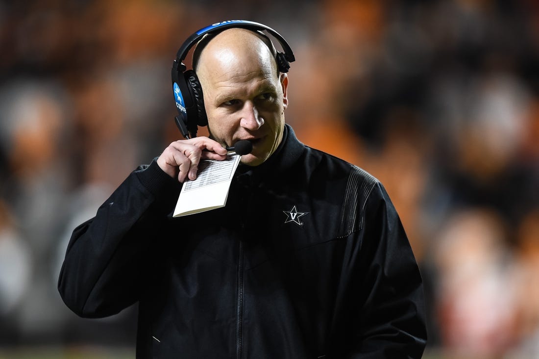 Nov 27, 2021; Knoxville, Tennessee, USA; Vanderbilt Commodores head coach Clark Lea coaches during the second half against the Tennessee Volunteers at Neyland Stadium. Mandatory Credit: Bryan Lynn-USA TODAY Sports